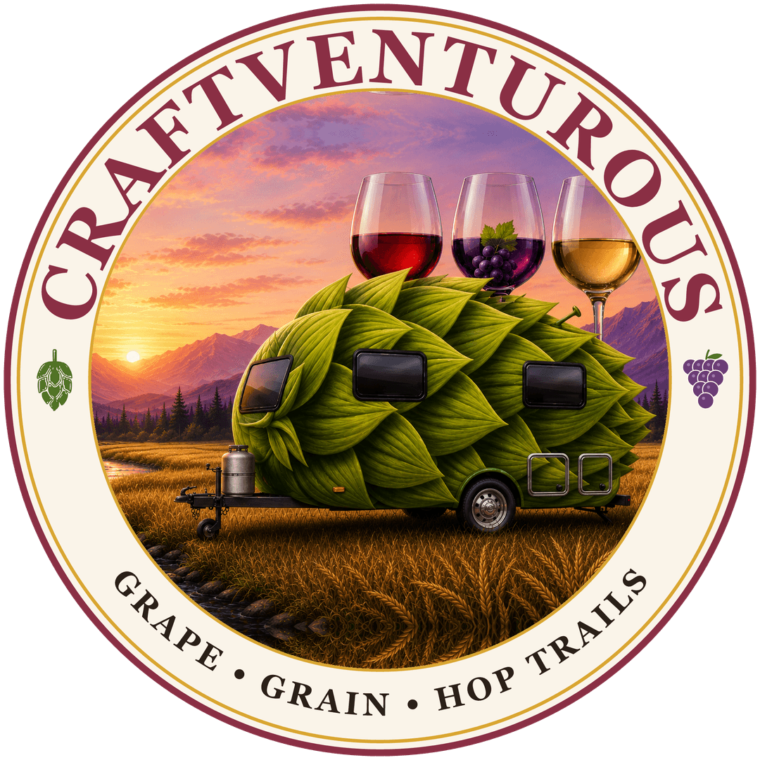 CraftVenturous brand badge — a hop-cone camper at sunset framed by wine glasses